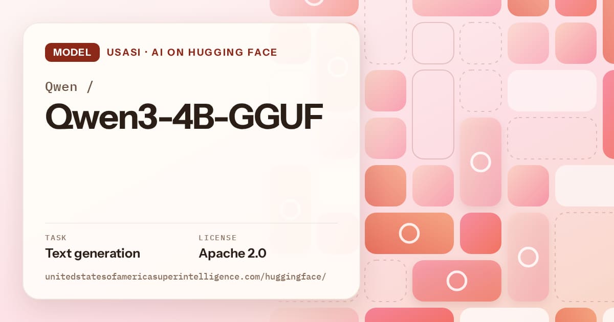 Generated coral tile-mosaic artwork for the model Qwen/Qwen3-4B-GGUF, labeled USASI · AI on Hugging Face, with Task: Text generation · License: Apache 2.0.