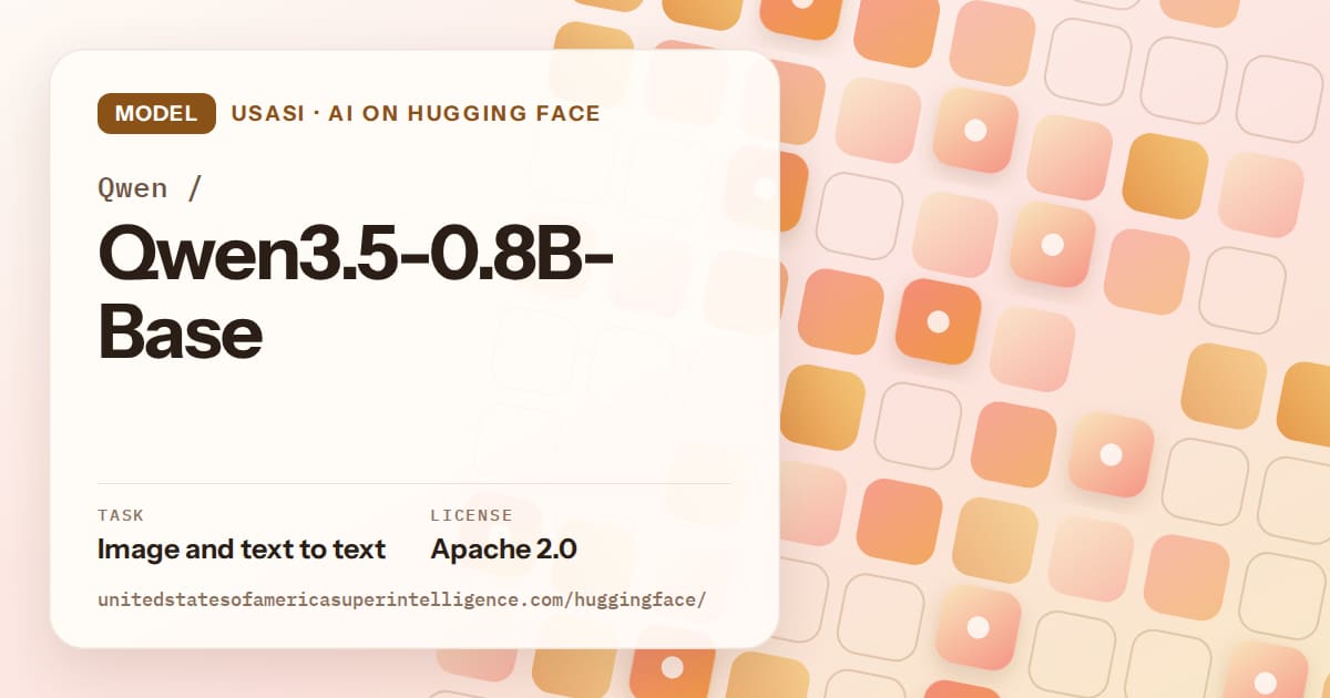 Generated orange rounded-tile grid artwork for the model Qwen/Qwen3.5-0.8B-Base, labeled USASI · AI on Hugging Face, with Task: Image and text to text · License: Apache 2.0.