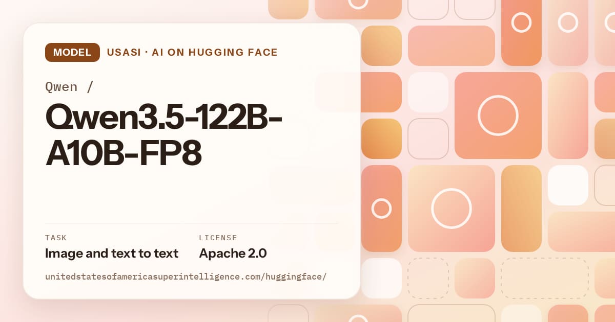 Generated orange tile-mosaic artwork for the model Qwen/Qwen3.5-122B-A10B-FP8, labeled USASI · AI on Hugging Face, with Task: Image and text to text · License: Apache 2.0.