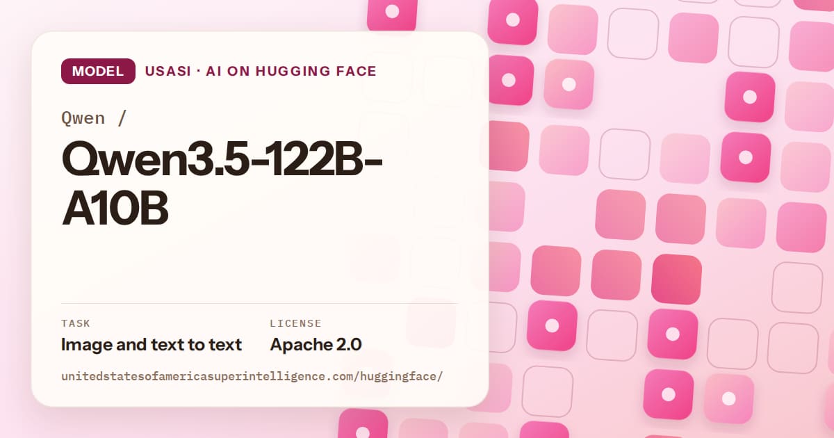 Generated rose rounded-tile grid artwork for the model Qwen/Qwen3.5-122B-A10B, labeled USASI · AI on Hugging Face, with Task: Image and text to text · License: Apache 2.0.