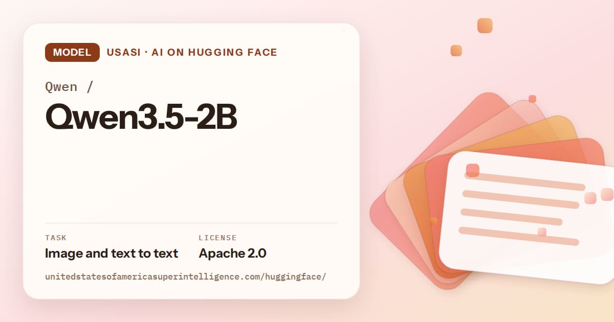 Generated tangerine layered-card artwork for the model Qwen/Qwen3.5-2B, labeled USASI · AI on Hugging Face, with Task: Image and text to text · License: Apache 2.0.
