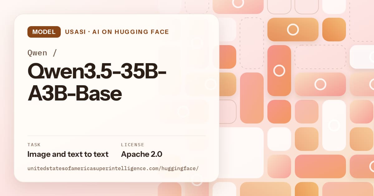 Generated orange tile-mosaic artwork for the model Qwen/Qwen3.5-35B-A3B-Base, labeled USASI · AI on Hugging Face, with Task: Image and text to text · License: Apache 2.0.