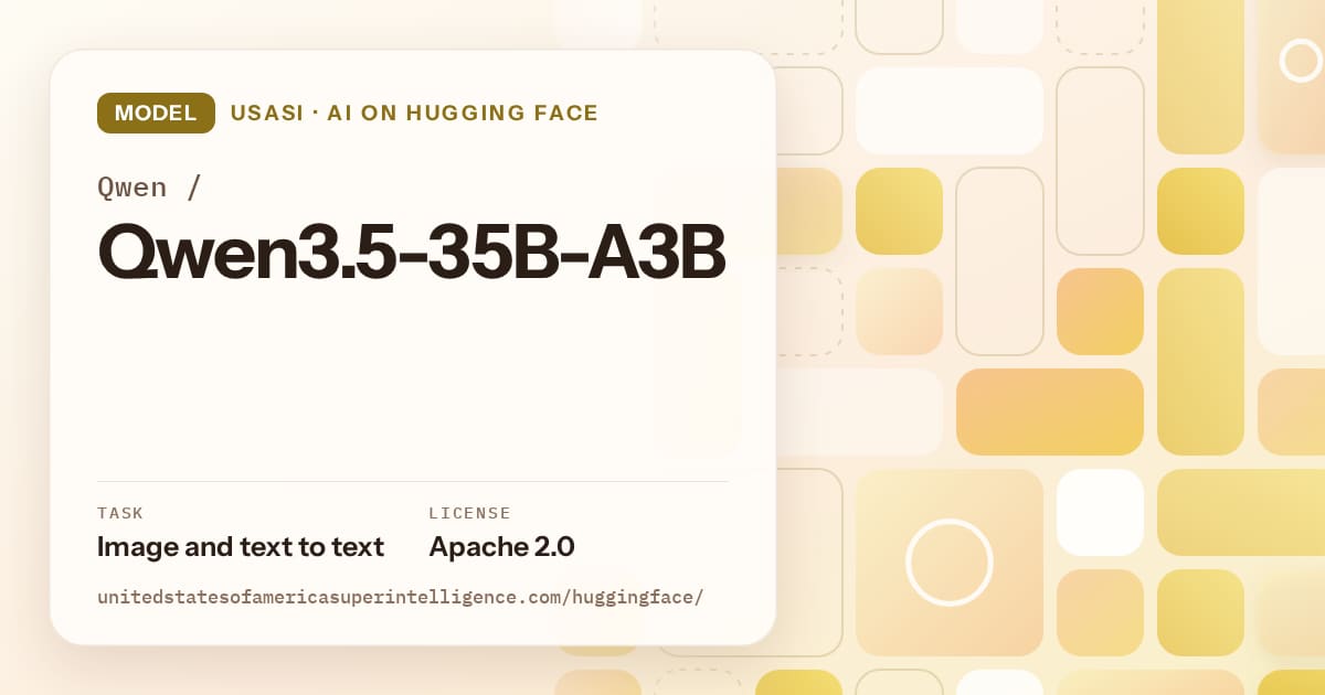 Generated gold tile-mosaic artwork for the model Qwen/Qwen3.5-35B-A3B, labeled USASI · AI on Hugging Face, with Task: Image and text to text · License: Apache 2.0.