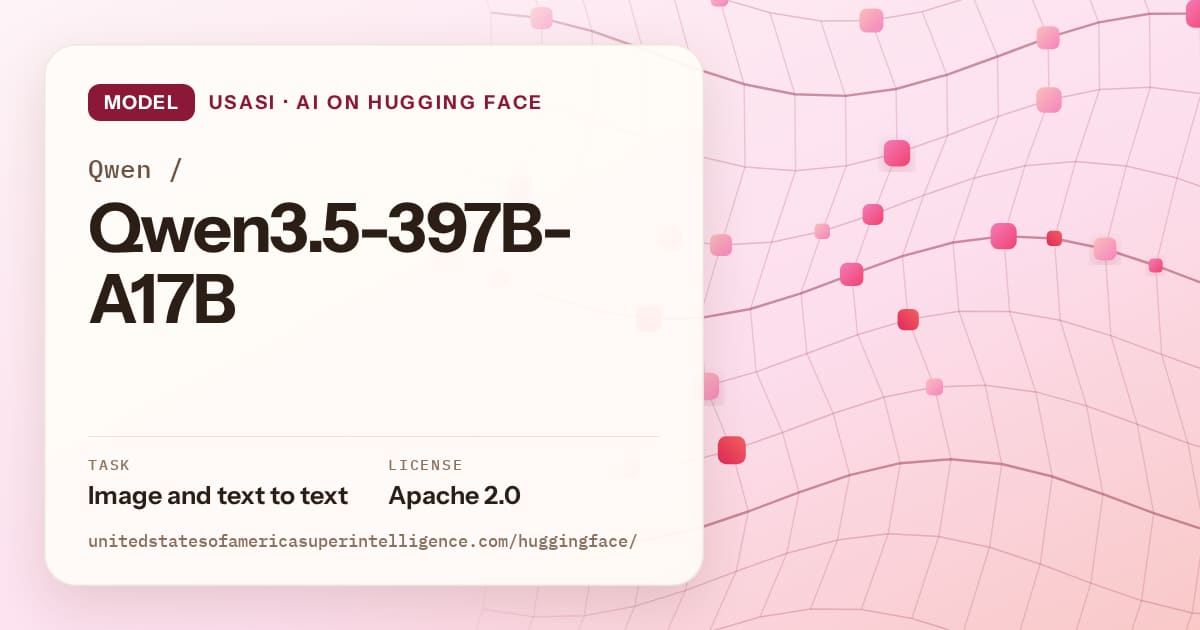 Generated rose wave-lattice artwork for the model Qwen/Qwen3.5-397B-A17B, labeled USASI · AI on Hugging Face, with Task: Image and text to text · License: Apache 2.0.