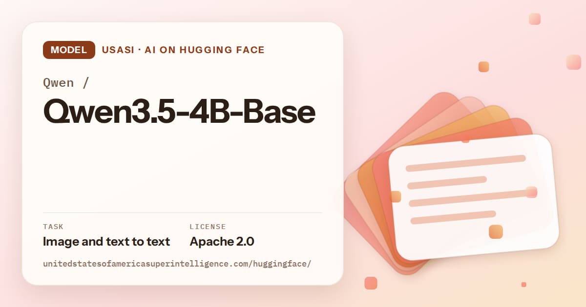 Generated tangerine layered-card artwork for the model Qwen/Qwen3.5-4B-Base, labeled USASI · AI on Hugging Face, with Task: Image and text to text · License: Apache 2.0.