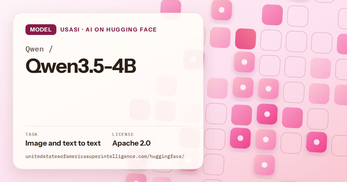 Generated rose rounded-tile grid artwork for the model Qwen/Qwen3.5-4B, labeled USASI · AI on Hugging Face, with Task: Image and text to text · License: Apache 2.0.