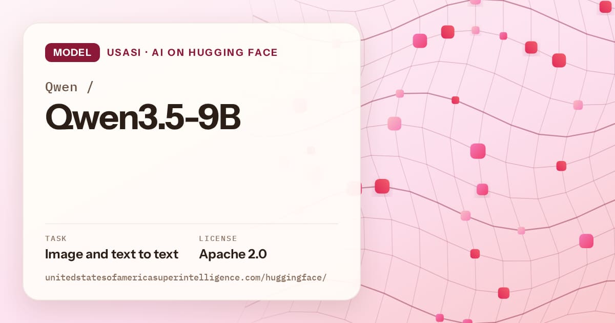 Generated rose wave-lattice artwork for the model Qwen/Qwen3.5-9B, labeled USASI · AI on Hugging Face, with Task: Image and text to text · License: Apache 2.0.