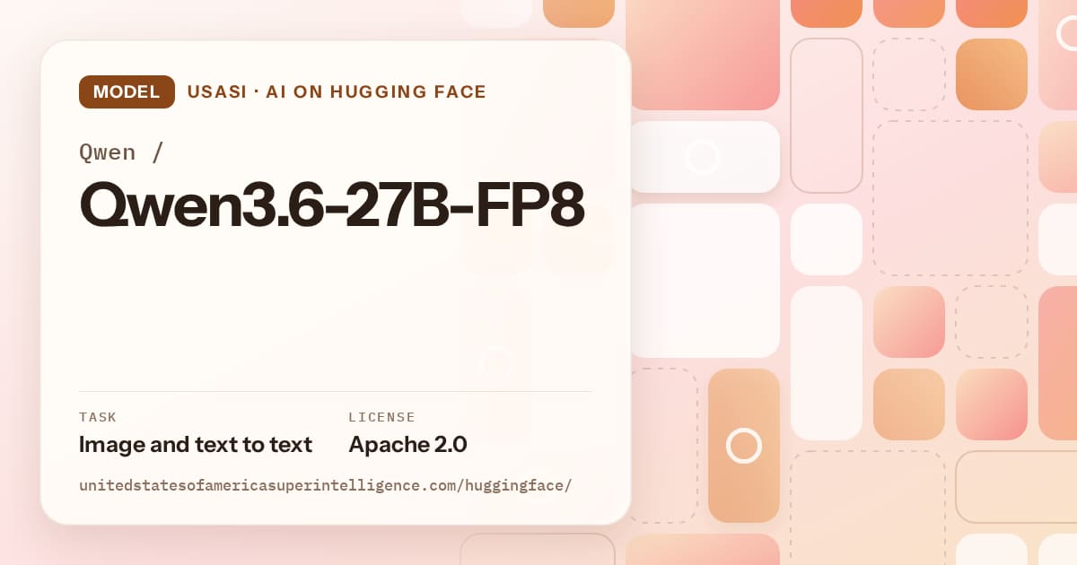 Generated orange tile-mosaic artwork for the model Qwen/Qwen3.6-27B-FP8, labeled USASI · AI on Hugging Face, with Task: Image and text to text · License: Apache 2.0.