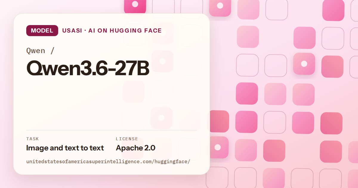 Generated rose rounded-tile grid artwork for the model Qwen/Qwen3.6-27B, labeled USASI · AI on Hugging Face, with Task: Image and text to text · License: Apache 2.0.