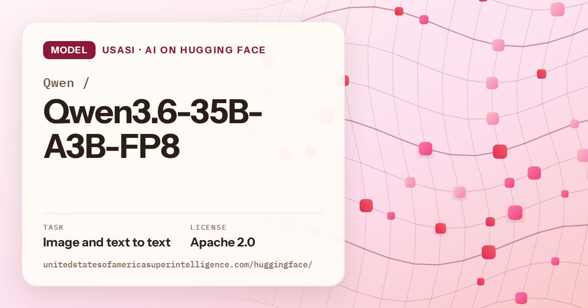 Generated rose wave-lattice artwork for the model Qwen/Qwen3.6-35B-A3B-FP8, labeled USASI · AI on Hugging Face, with Task: Image and text to text · License: Apache 2.0.