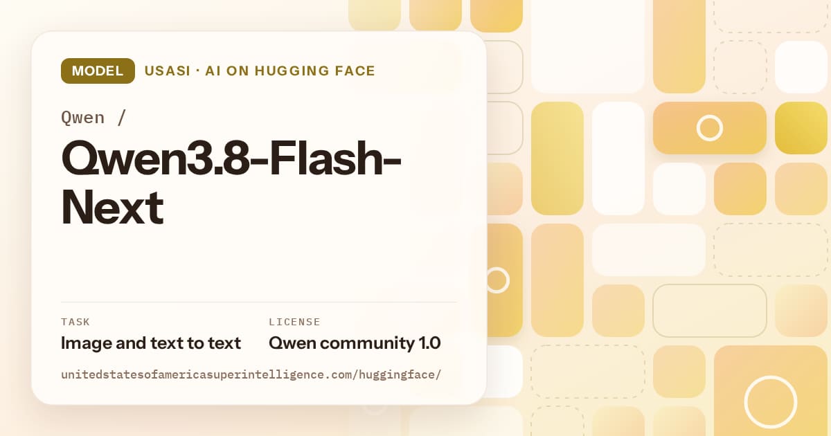 Generated gold tile-mosaic artwork for the model Qwen/Qwen3.8-Flash-Next, labeled USASI · AI on Hugging Face, with Task: Image and text to text · License: Qwen community 1.0.