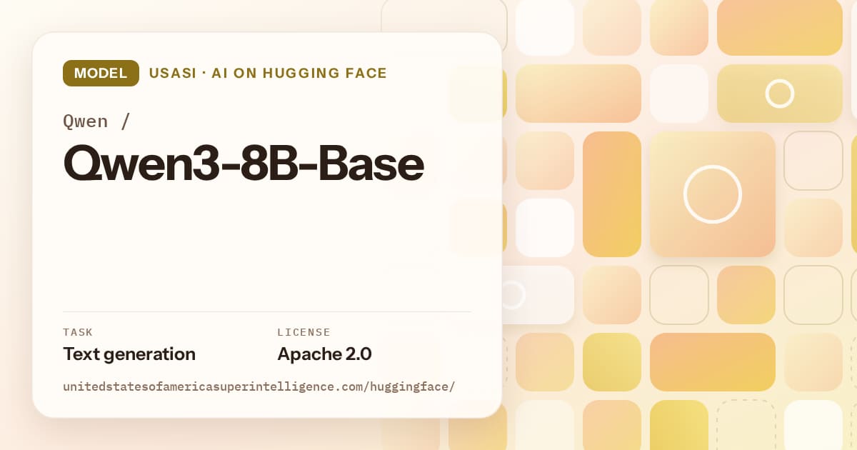 Generated gold tile-mosaic artwork for the model Qwen/Qwen3-8B-Base, labeled USASI · AI on Hugging Face, with Task: Text generation · License: Apache 2.0.