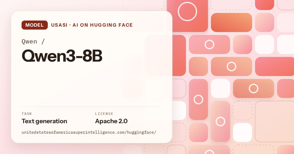 Generated coral tile-mosaic artwork for the model Qwen/Qwen3-8B, labeled USASI · AI on Hugging Face, with Task: Text generation · License: Apache 2.0.