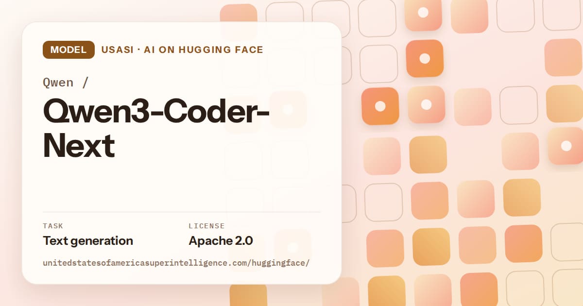 Generated orange rounded-tile grid artwork for the model Qwen/Qwen3-Coder-Next, labeled USASI · AI on Hugging Face, with Task: Text generation · License: Apache 2.0.