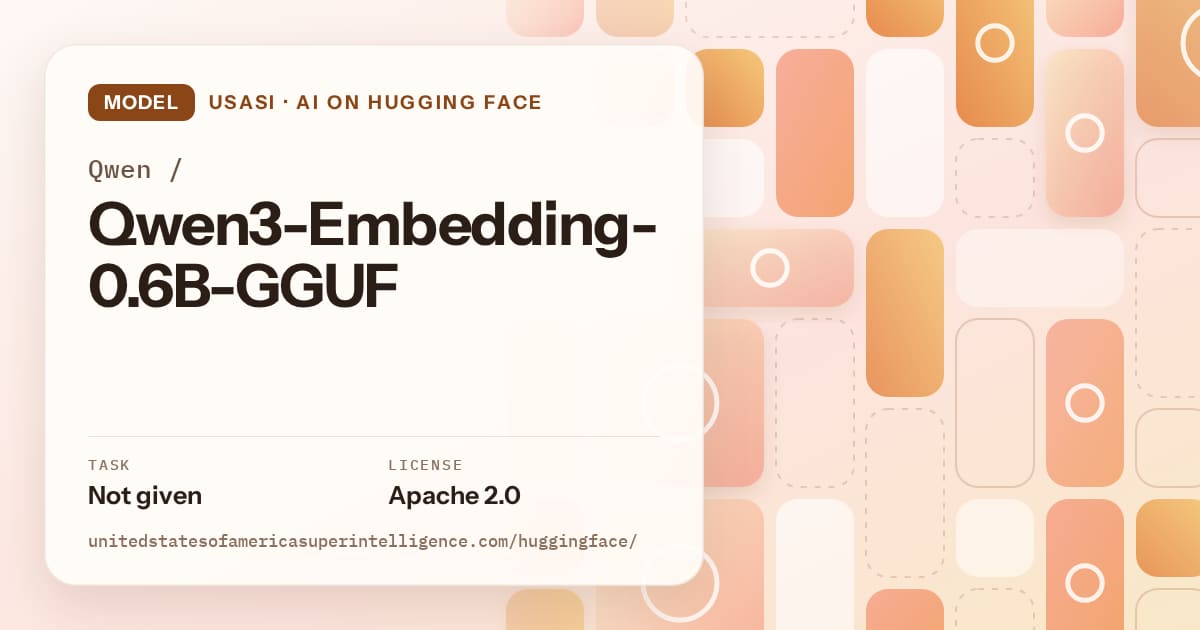 Generated orange tile-mosaic artwork for the model Qwen/Qwen3-Embedding-0.6B-GGUF, labeled USASI · AI on Hugging Face, with Task: Not given · License: Apache 2.0.
