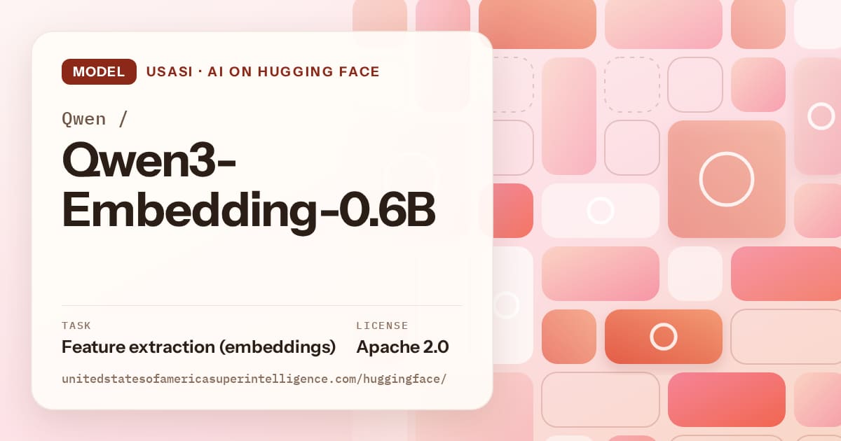Generated coral tile-mosaic artwork for the model Qwen/Qwen3-Embedding-0.6B, labeled USASI · AI on Hugging Face, with Task: Feature extraction (embeddings) · License: Apache 2.0.