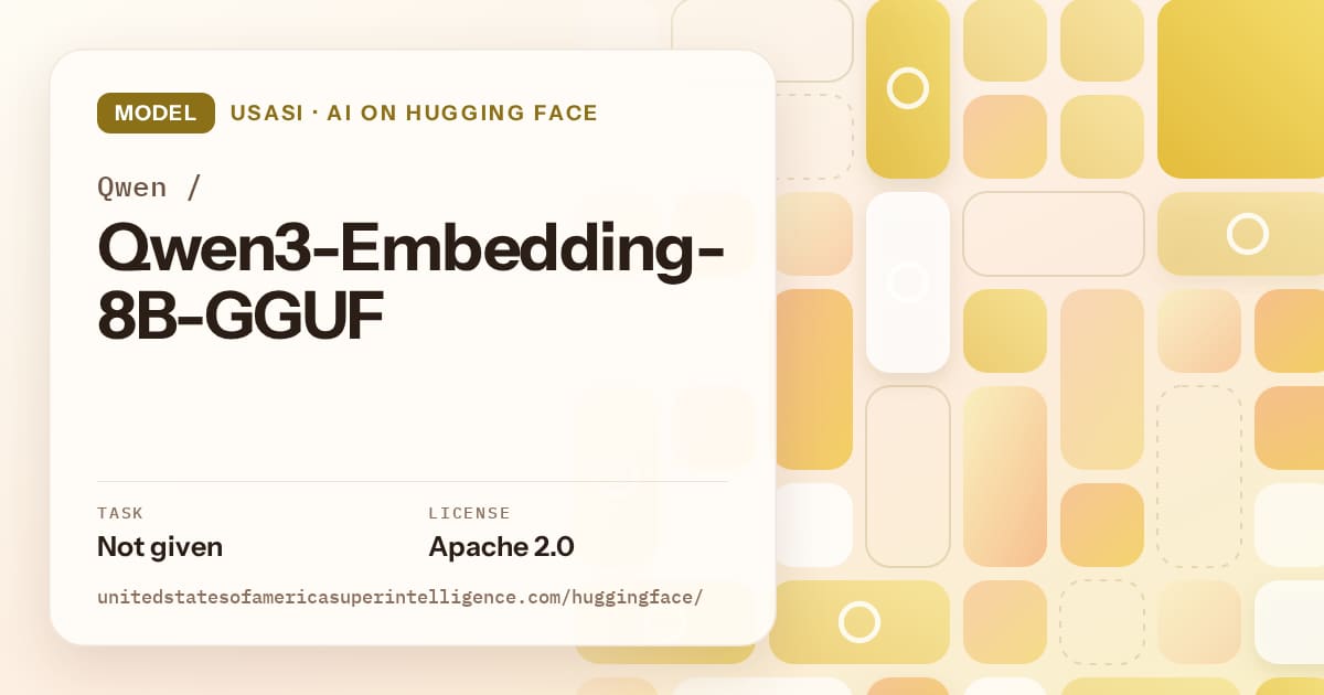 Generated gold tile-mosaic artwork for the model Qwen/Qwen3-Embedding-8B-GGUF, labeled USASI · AI on Hugging Face, with Task: Not given · License: Apache 2.0.
