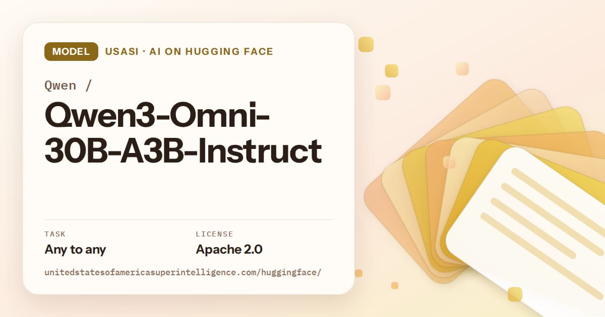 Generated amber layered-card artwork for the model Qwen/Qwen3-Omni-30B-A3B-Instruct, labeled USASI · AI on Hugging Face, with Task: Any to any · License: Apache 2.0.