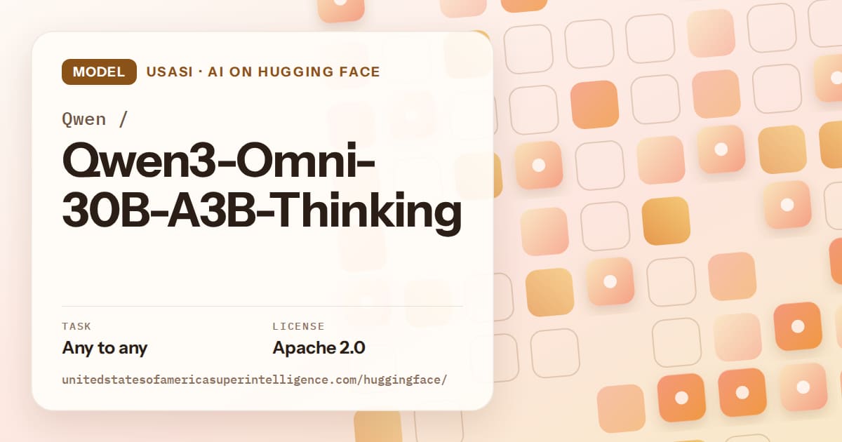 Generated orange rounded-tile grid artwork for the model Qwen/Qwen3-Omni-30B-A3B-Thinking, labeled USASI · AI on Hugging Face, with Task: Any to any · License: Apache 2.0.