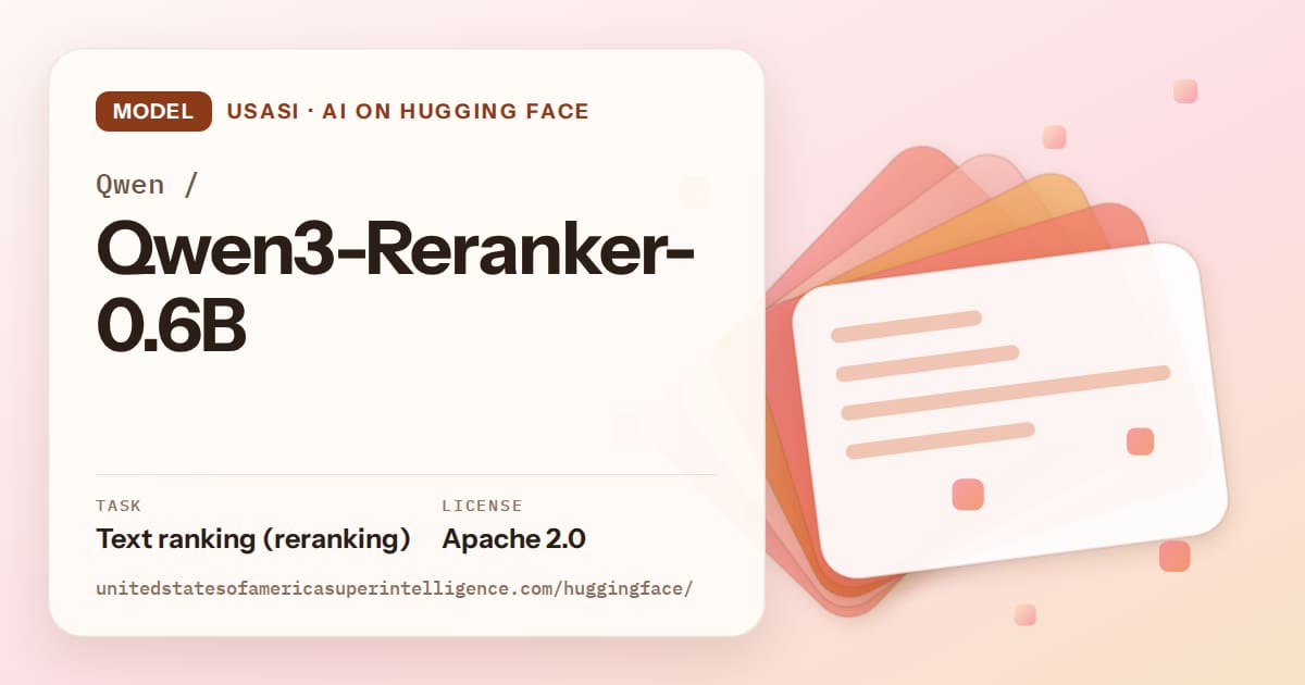 Generated tangerine layered-card artwork for the model Qwen/Qwen3-Reranker-0.6B, labeled USASI · AI on Hugging Face, with Task: Text ranking (reranking) · License: Apache 2.0.