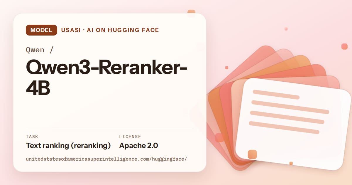 Generated tangerine layered-card artwork for the model Qwen/Qwen3-Reranker-4B, labeled USASI · AI on Hugging Face, with Task: Text ranking (reranking) · License: Apache 2.0.