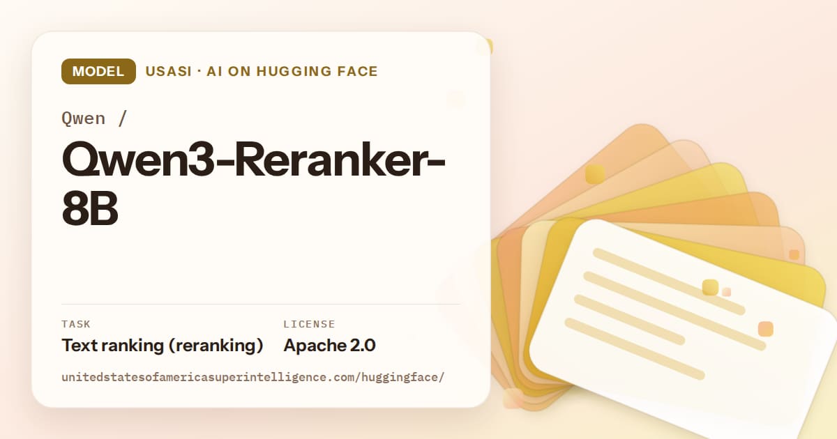 Generated amber layered-card artwork for the model Qwen/Qwen3-Reranker-8B, labeled USASI · AI on Hugging Face, with Task: Text ranking (reranking) · License: Apache 2.0.