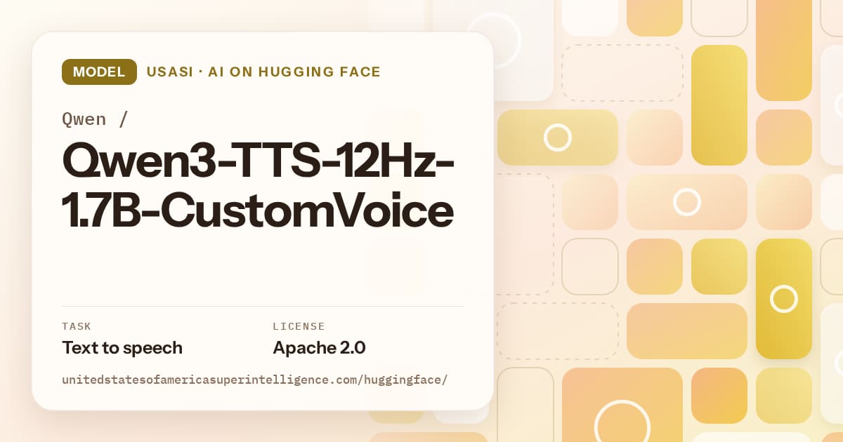 Generated gold tile-mosaic artwork for the model Qwen/Qwen3-TTS-12Hz-1.7B-CustomVoice, labeled USASI · AI on Hugging Face, with Task: Text to speech · License: Apache 2.0.