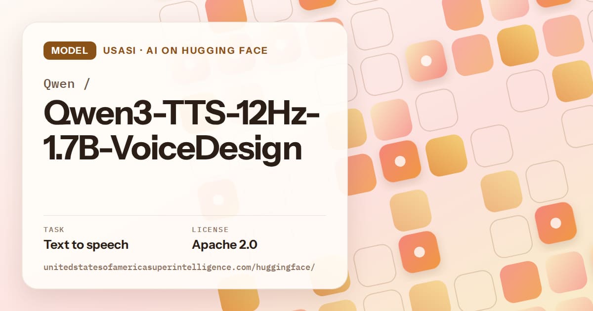 Generated orange rounded-tile grid artwork for the model Qwen/Qwen3-TTS-12Hz-1.7B-VoiceDesign, labeled USASI · AI on Hugging Face, with Task: Text to speech · License: Apache 2.0.