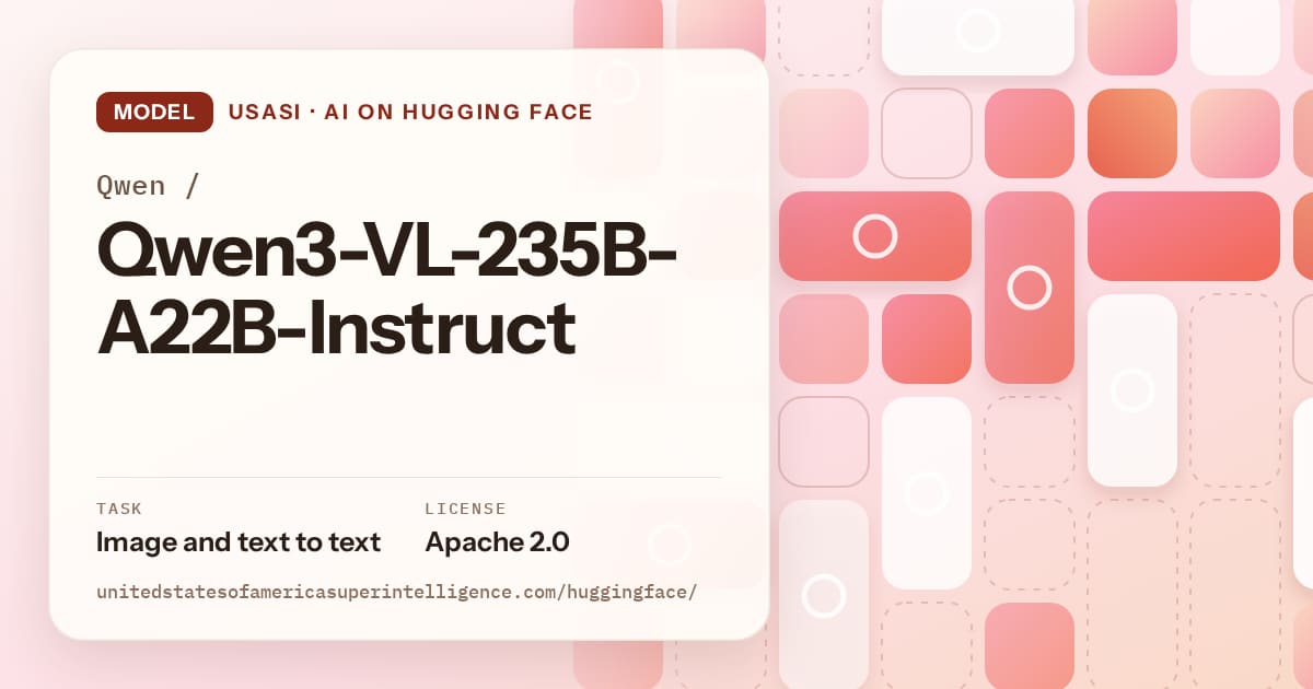 Generated coral tile-mosaic artwork for the model Qwen/Qwen3-VL-235B-A22B-Instruct, labeled USASI · AI on Hugging Face, with Task: Image and text to text · License: Apache 2.0.