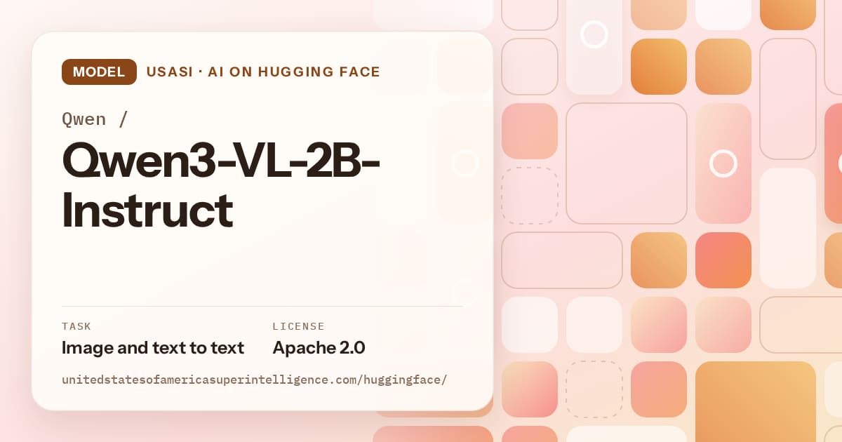 Generated orange tile-mosaic artwork for the model Qwen/Qwen3-VL-2B-Instruct, labeled USASI · AI on Hugging Face, with Task: Image and text to text · License: Apache 2.0.