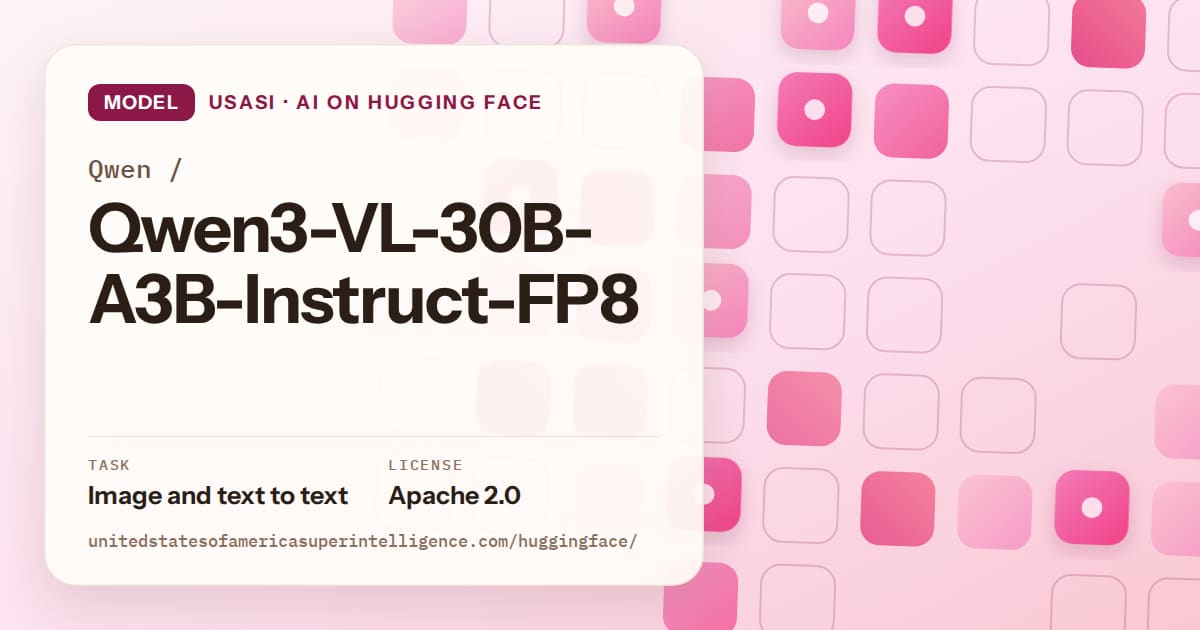 Generated rose rounded-tile grid artwork for the model Qwen/Qwen3-VL-30B-A3B-Instruct-FP8, labeled USASI · AI on Hugging Face, with Task: Image and text to text · License: Apache 2.0.