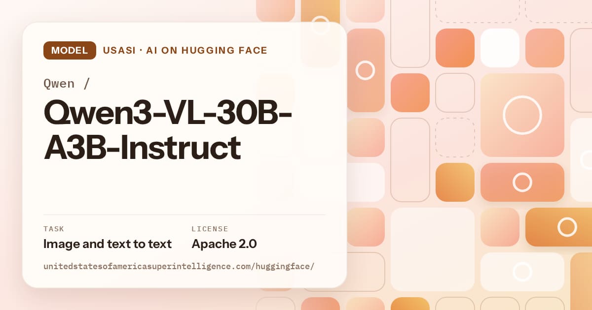 Generated orange tile-mosaic artwork for the model Qwen/Qwen3-VL-30B-A3B-Instruct, labeled USASI · AI on Hugging Face, with Task: Image and text to text · License: Apache 2.0.