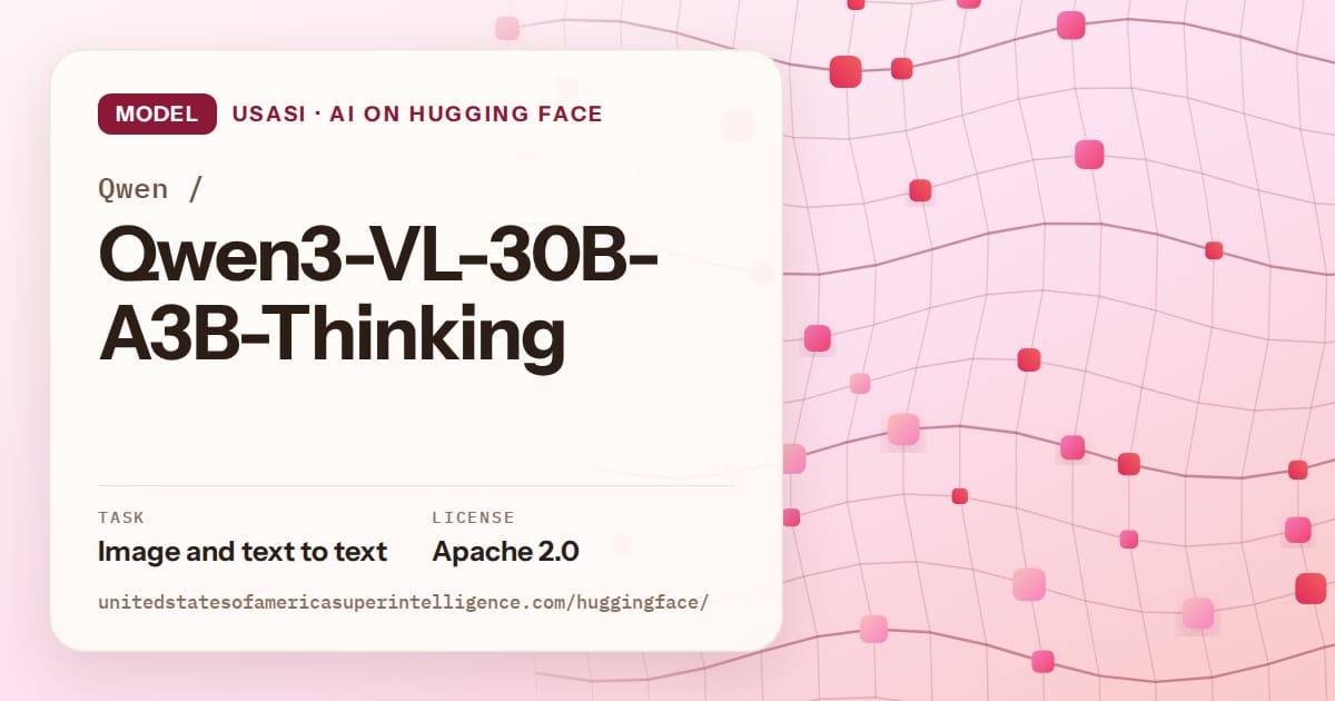 Generated rose wave-lattice artwork for the model Qwen/Qwen3-VL-30B-A3B-Thinking, labeled USASI · AI on Hugging Face, with Task: Image and text to text · License: Apache 2.0.