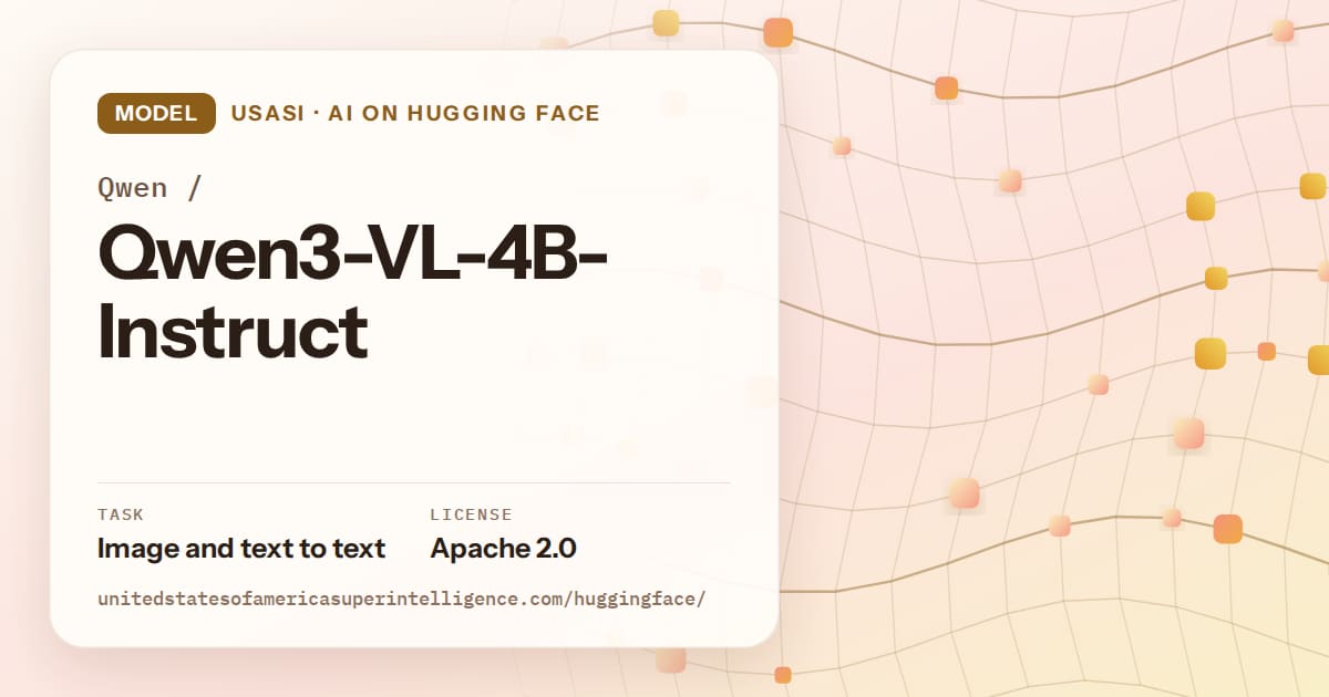 Generated amber wave-lattice artwork for the model Qwen/Qwen3-VL-4B-Instruct, labeled USASI · AI on Hugging Face, with Task: Image and text to text · License: Apache 2.0.
