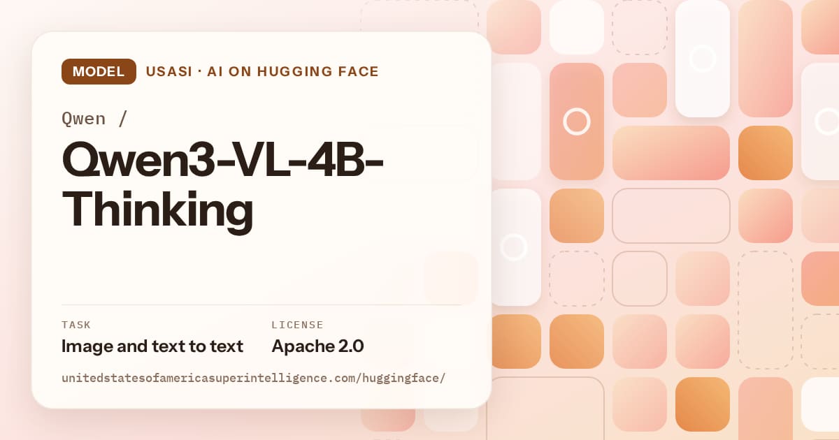 Generated orange tile-mosaic artwork for the model Qwen/Qwen3-VL-4B-Thinking, labeled USASI · AI on Hugging Face, with Task: Image and text to text · License: Apache 2.0.