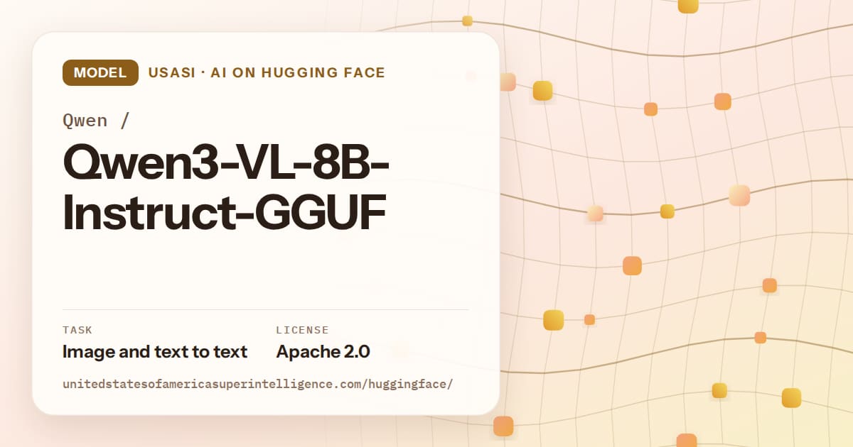 Generated amber wave-lattice artwork for the model Qwen/Qwen3-VL-8B-Instruct-GGUF, labeled USASI · AI on Hugging Face, with Task: Image and text to text · License: Apache 2.0.