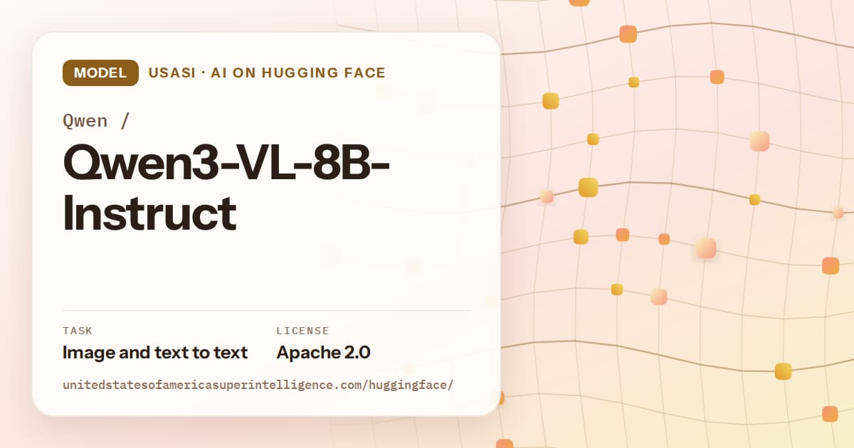 Generated amber wave-lattice artwork for the model Qwen/Qwen3-VL-8B-Instruct, labeled USASI · AI on Hugging Face, with Task: Image and text to text · License: Apache 2.0.