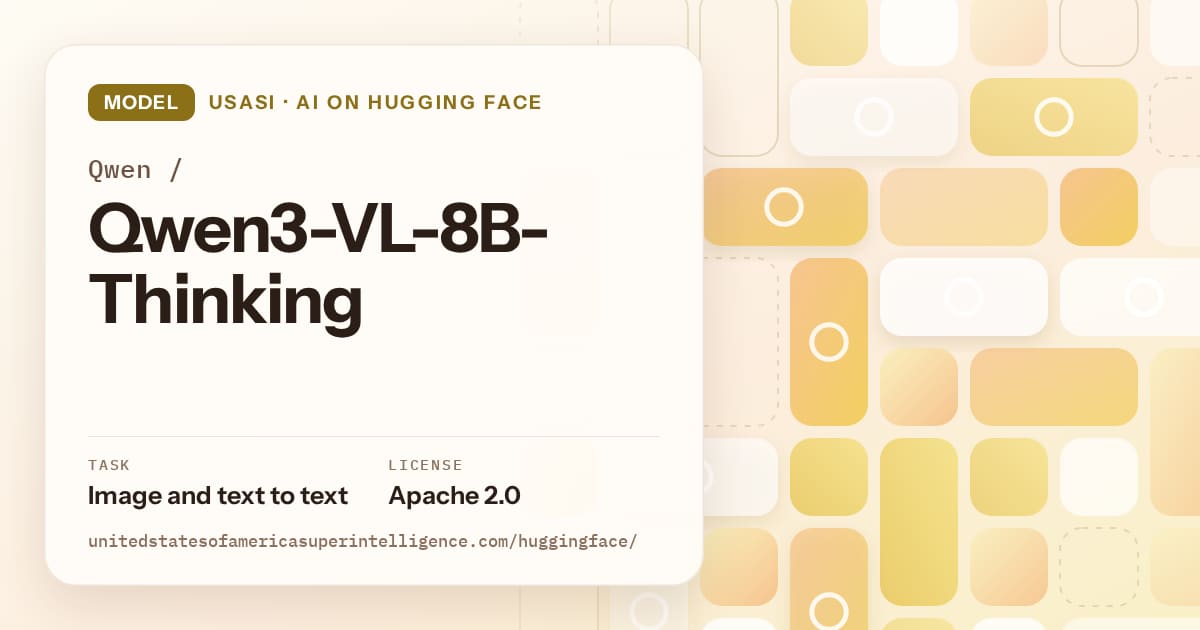 Generated gold tile-mosaic artwork for the model Qwen/Qwen3-VL-8B-Thinking, labeled USASI · AI on Hugging Face, with Task: Image and text to text · License: Apache 2.0.