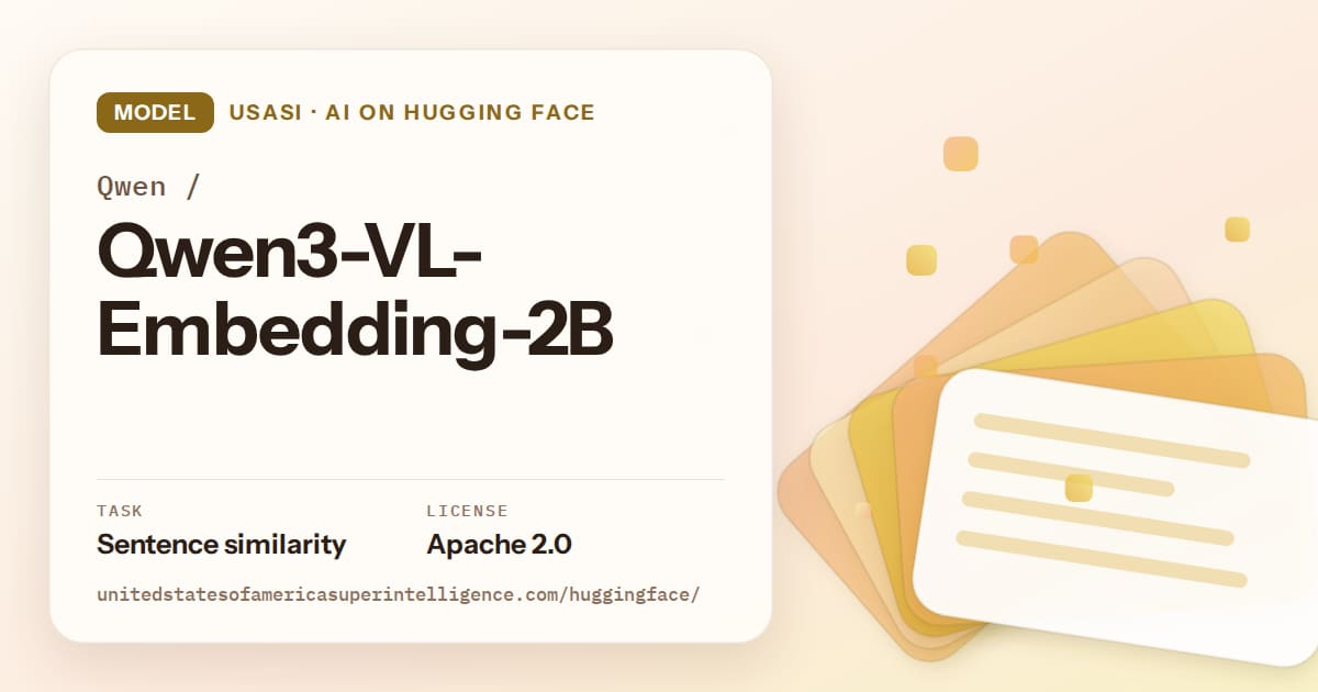 Generated amber layered-card artwork for the model Qwen/Qwen3-VL-Embedding-2B, labeled USASI · AI on Hugging Face, with Task: Sentence similarity · License: Apache 2.0.