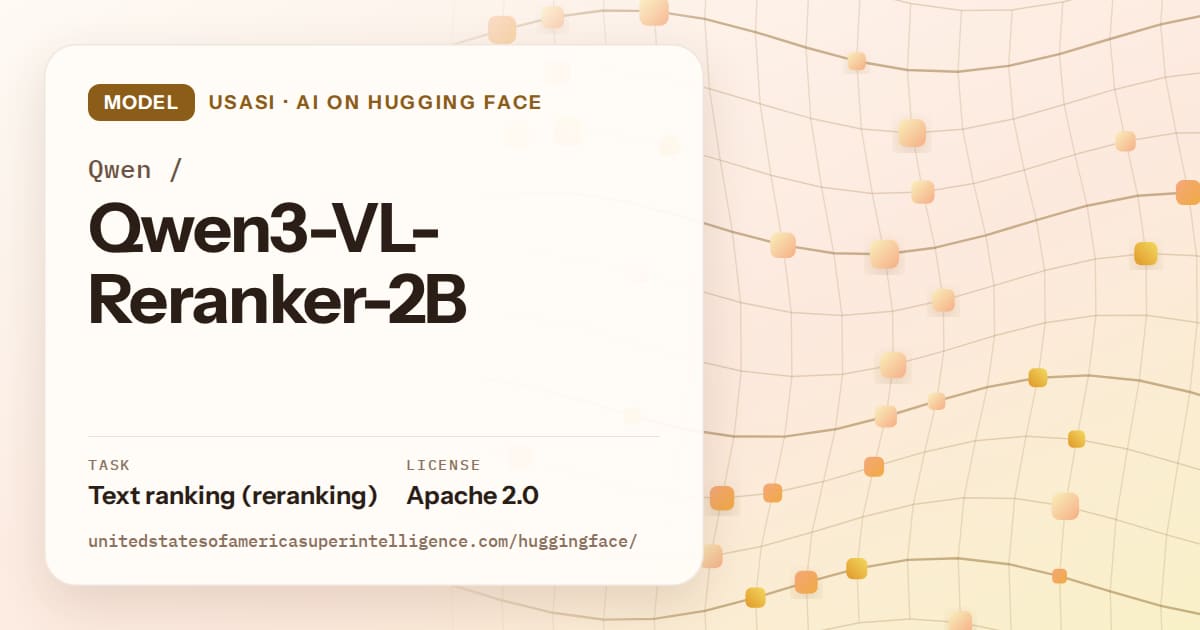 Generated amber wave-lattice artwork for the model Qwen/Qwen3-VL-Reranker-2B, labeled USASI · AI on Hugging Face, with Task: Text ranking (reranking) · License: Apache 2.0.