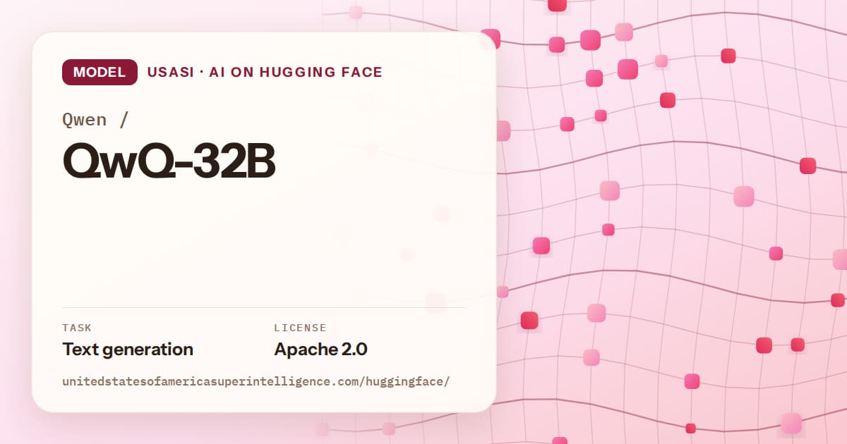 Generated rose wave-lattice artwork for the model Qwen/QwQ-32B, labeled USASI · AI on Hugging Face, with Task: Text generation · License: Apache 2.0.
