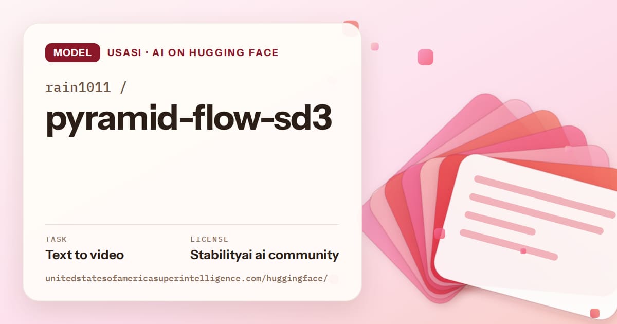Generated coral layered-card artwork for the model rain1011/pyramid-flow-sd3, labeled USASI · AI on Hugging Face, with Task: Text to video · License: Stabilityai ai community.