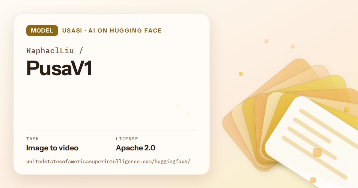 Generated amber layered-card artwork for the model RaphaelLiu/PusaV1, labeled USASI · AI on Hugging Face, with Task: Image to video · License: Apache 2.0.