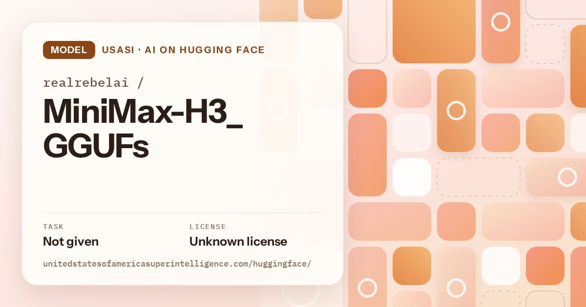 Generated orange tile-mosaic artwork for the model realrebelai/MiniMax-H3_GGUFs, labeled USASI · AI on Hugging Face, with Task: Not given · License: Unknown license.