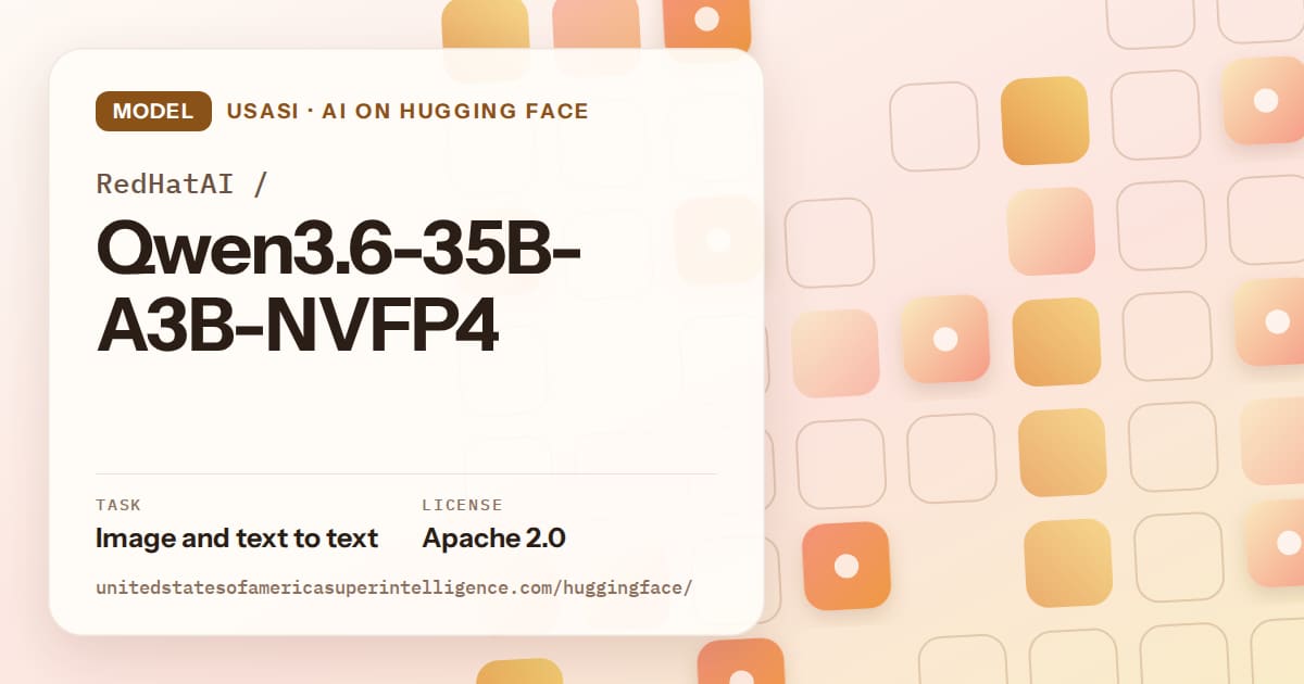 Generated orange rounded-tile grid artwork for the model RedHatAI/Qwen3.6-35B-A3B-NVFP4, labeled USASI · AI on Hugging Face, with Task: Image and text to text · License: Apache 2.0.