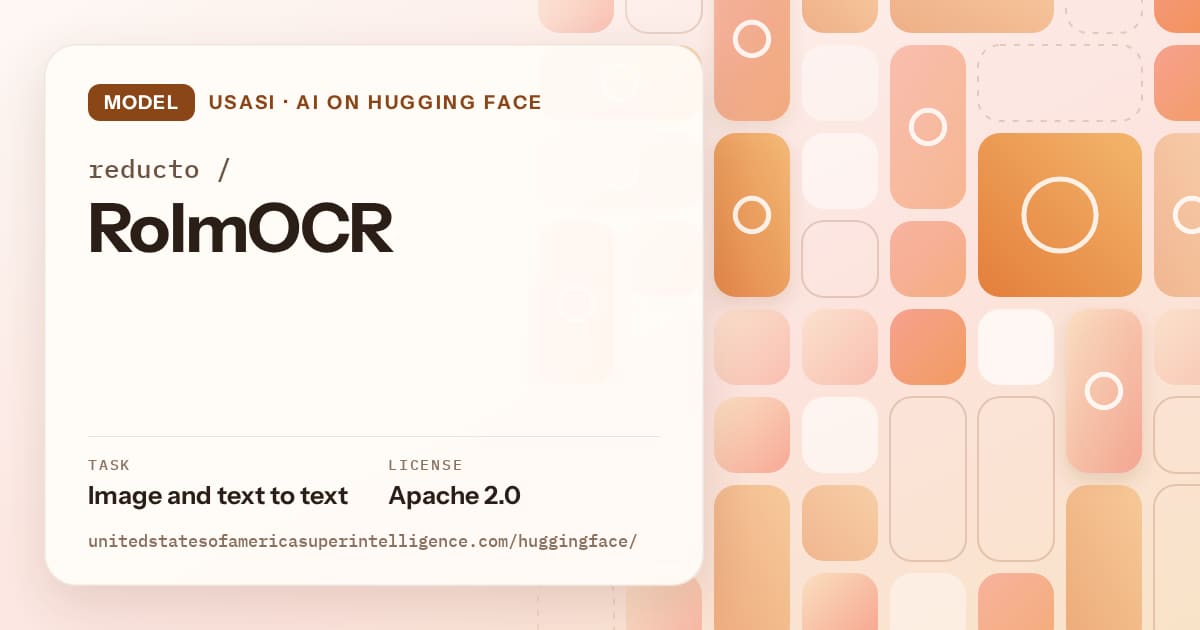 Generated orange tile-mosaic artwork for the model reducto/RolmOCR, labeled USASI · AI on Hugging Face, with Task: Image and text to text · License: Apache 2.0.