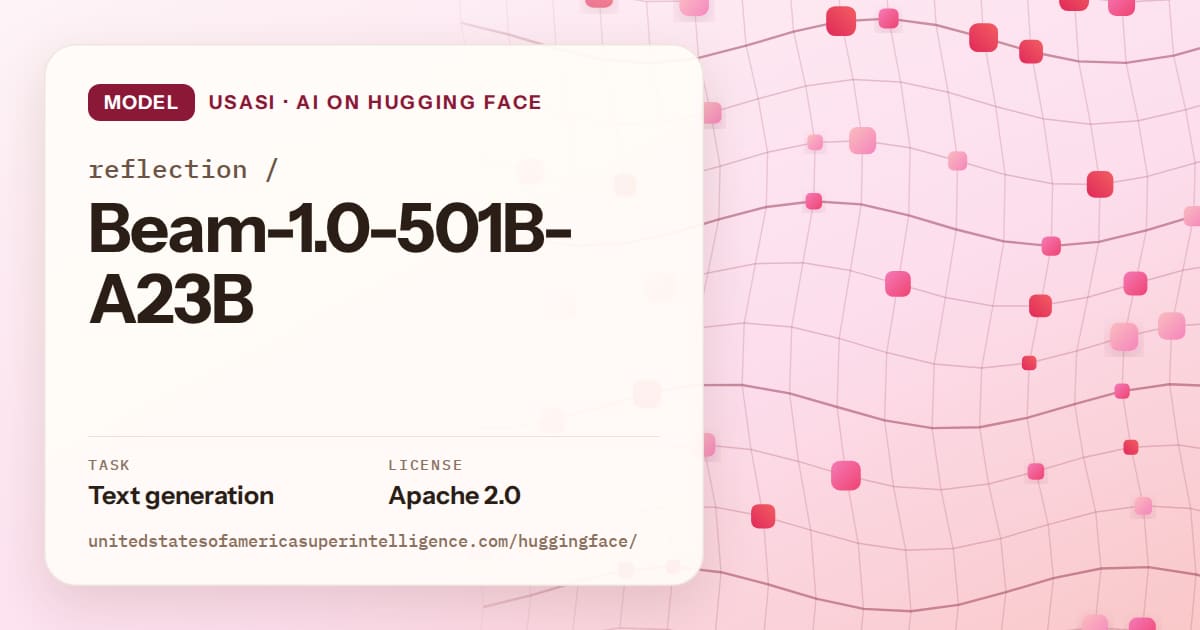 Generated rose wave-lattice artwork for the model reflection/Beam-1.0-501B-A23B, labeled USASI · AI on Hugging Face, with Task: Text generation · License: Apache 2.0.