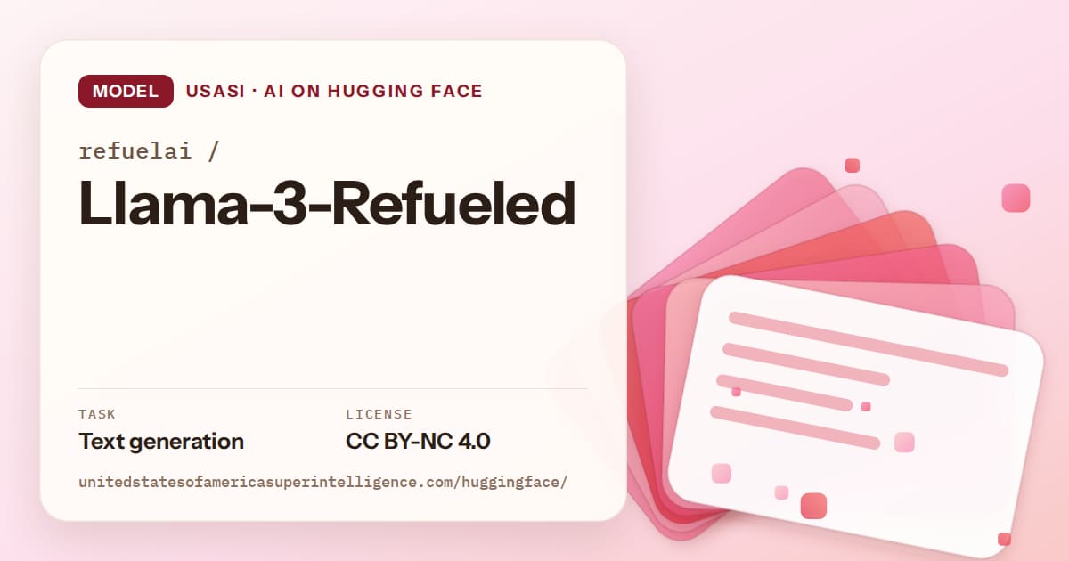 Generated coral layered-card artwork for the model refuelai/Llama-3-Refueled, labeled USASI · AI on Hugging Face, with Task: Text generation · License: CC BY-NC 4.0.