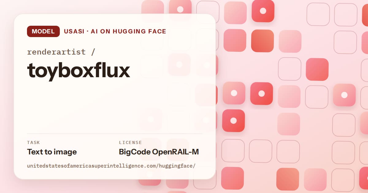 Generated coral rounded-tile grid artwork for the model renderartist/toyboxflux, labeled USASI · AI on Hugging Face, with Task: Text to image · License: BigCode OpenRAIL-M.
