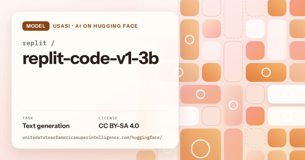 Generated orange tile-mosaic artwork for the model replit/replit-code-v1-3b, labeled USASI · AI on Hugging Face, with Task: Text generation · License: CC BY-SA 4.0.